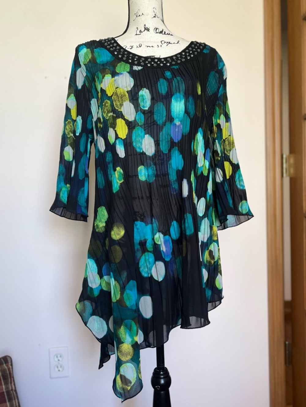 Catherines Navy Blue Asymmetrical Tunic with Polka Dots and Embellished Neckline
